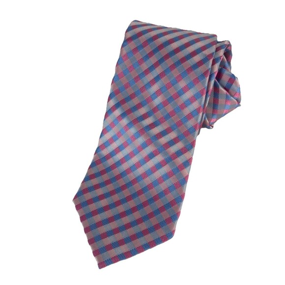 Nautica 100% Silk Tie Blue Pink Checkered Plaid Geometric Classic - Picture 1 of 6